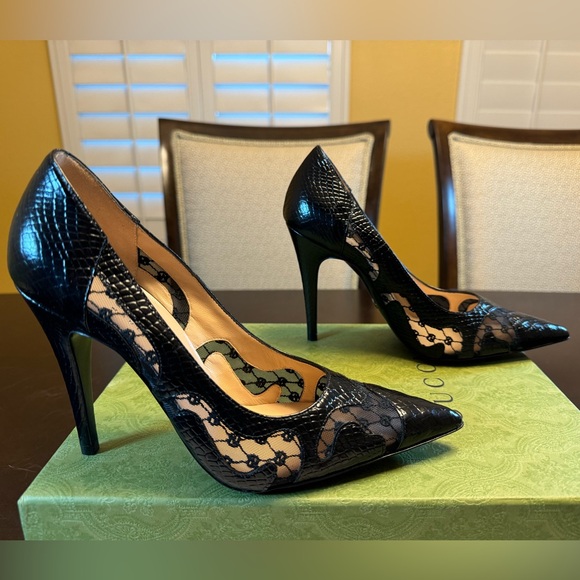 New Gucci Calf Leather Python Print GG Logo High Heels Shoes Size 37 / US 7 - Picture 8 of 16
